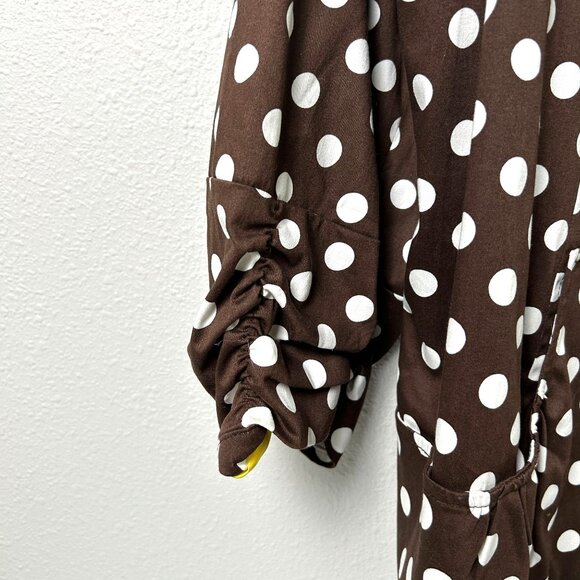 Susan Graver Sateen Jacket Size 3X Brown White Polka Dot Ruched Sleeve Pockets - Picture 3 of 16